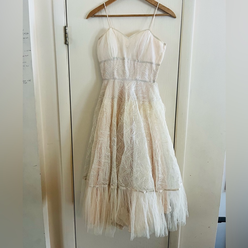 VTG 50s Ethereal Fairy Corset Tulle Layered Rockabilly Party Cocktail Dress Xxs